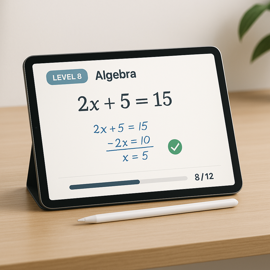 Interactive worksheet preview — Level 8 algebra problem with step-by-step solution